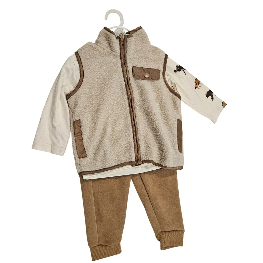 Toddler Boys 3pc Joggers Set Sherpa Vest Bear Graphic Tee Tan 2T